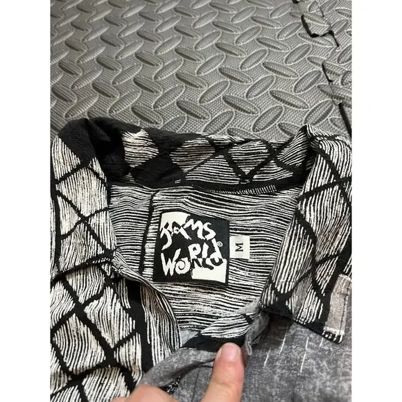 Vintage Jams World Rayon Shirt Geometric Black White Retro Surf Mens Size Med‎
